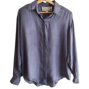 Jonathan Martin Vintage Womens Silk Blouse L Smoky Purple Jacquard Button Up Top